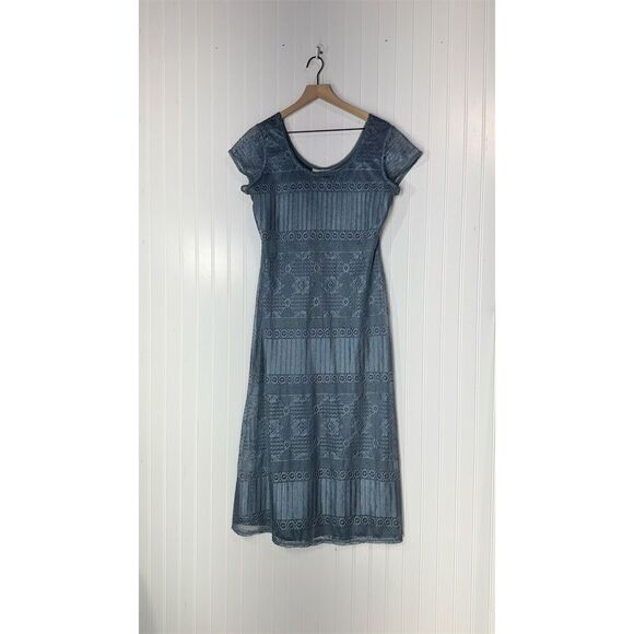 Vintage Y2K Caroline Wells Blue Crochet Lace Midi Dress Cottagecore Boho S/M - Picture 1 of 6